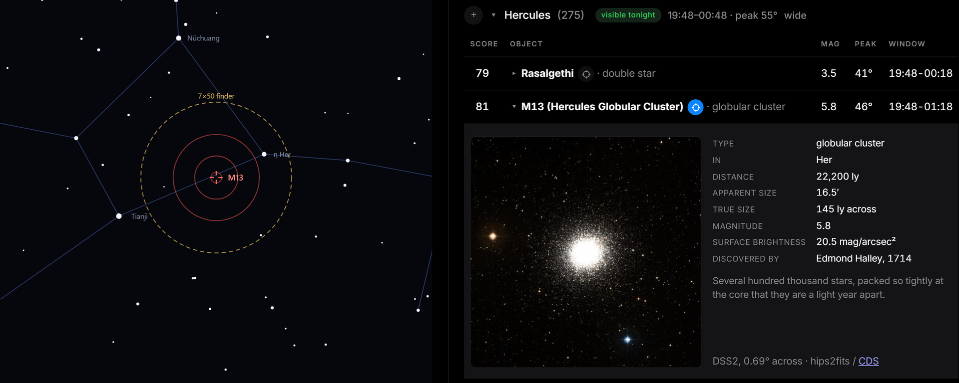 Astrolabe’s sky chart centered on M13 beside the target list, with the cluster’s survey image and facts