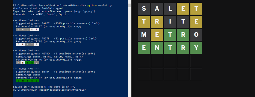 Terminal running the Python Wordle assistant beside a solved Wordle board — candidates collapse from 2,315 to 1 and the puzzle is solved in four guesses